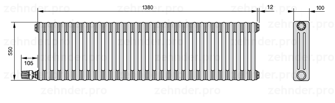 Схема (чертеж) Радиатор Zehnder Charleston 3055/30 №V004 Белый глянцевый RAL 9016